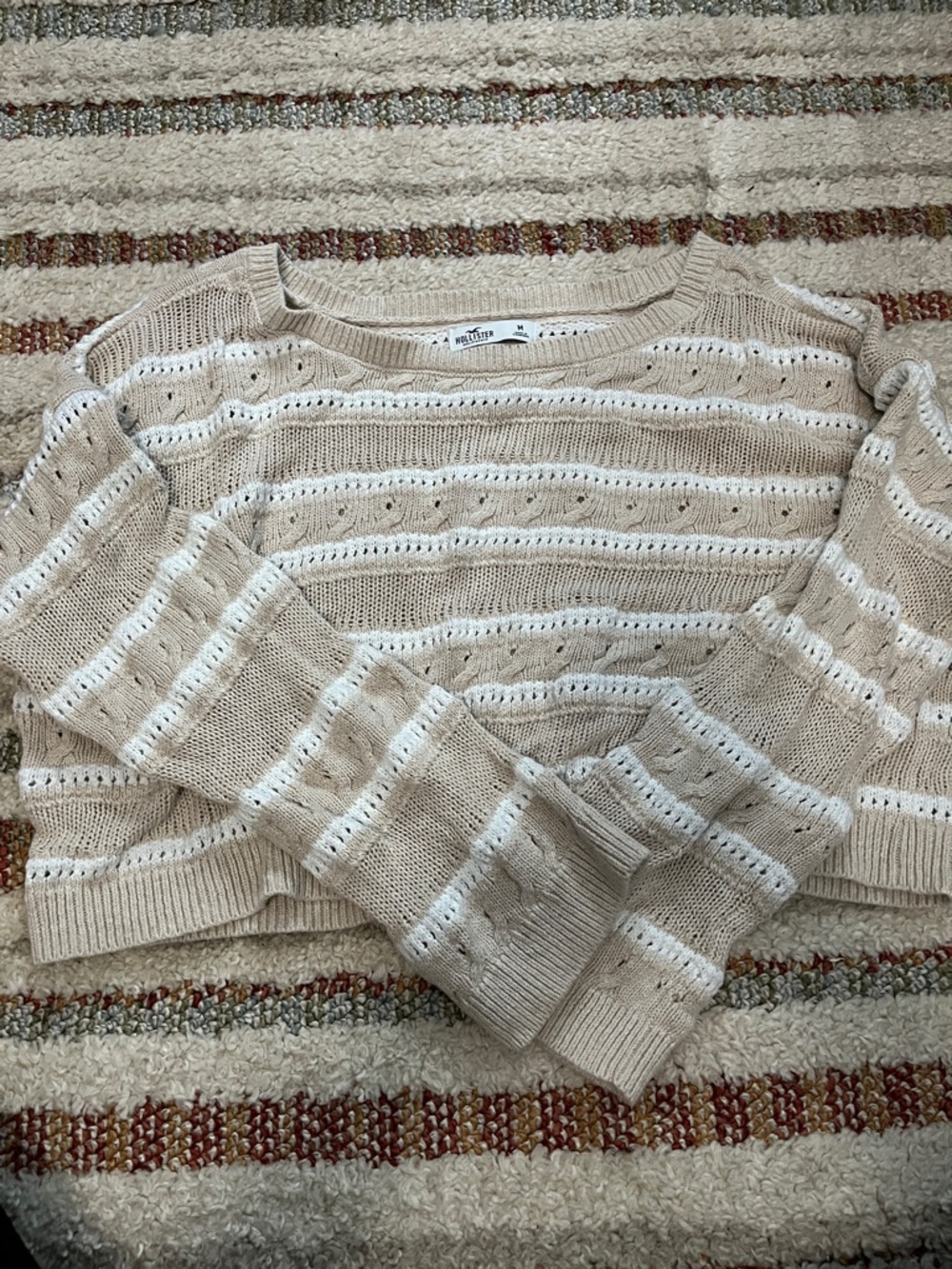 Hollister Beige and White Striped Scoop-Neck Knit Sweater